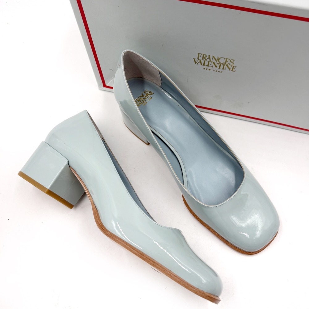 Frances Valentine Doll Pumps Block Heel Light Blue Patent Leather Sz 8